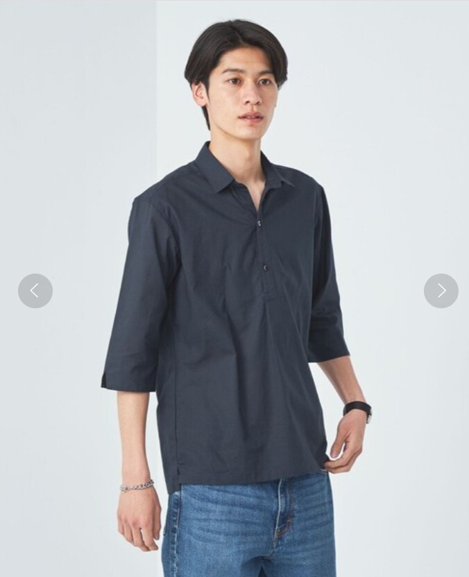 ☆green label relaxing コットン/麻 プルオーバー 7分袖 シャツ XL ネイビー united arrows ポロシャツ カプリシャツ☆