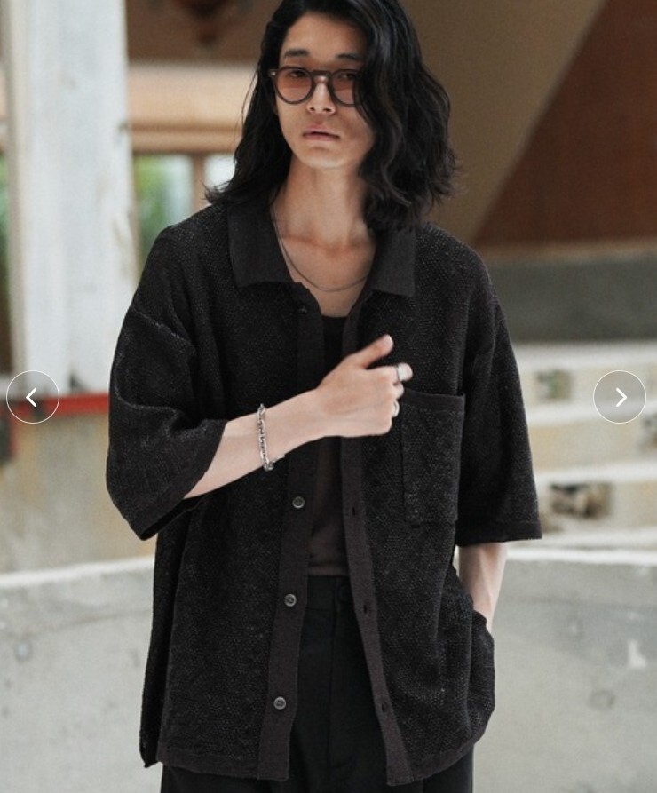 ☆WYM JACQUARD MESH KNIT SHIRT L アッシュブラウン シアーカーディガン ニットシャツ ジャガード編み 半袖シャツ☆