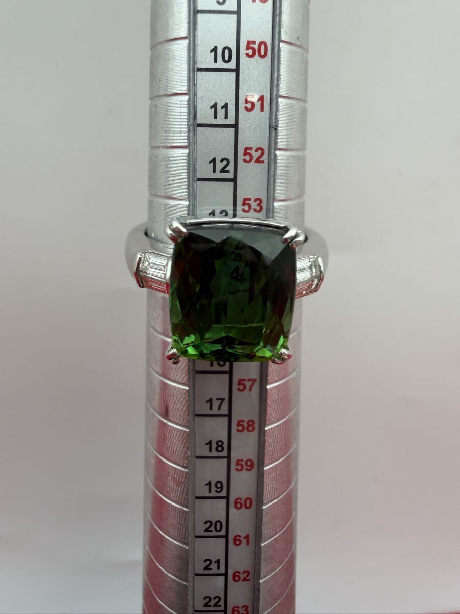 ★Pt900 天然グリーントルマリン 7.76ct ダイヤ 0.41ct リング 約14号 10.02g 中央宝石研究所 鑑別書付