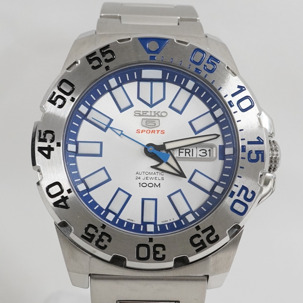 Ts810942 セイコー 腕時計 セイコー5スポーツ 4R36-02T0 自動巻き シルバー/白/青 メンズ SEIKO 美品