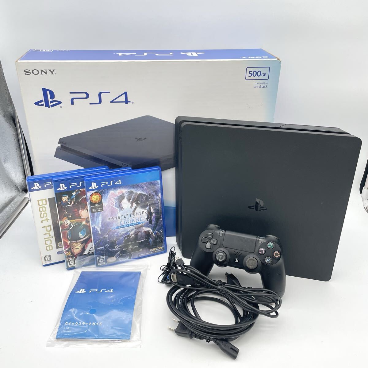 F SONY PS4 CUH-2000A ジェットブラック 本体 ソフト3本 コントローラー 箱説付 ソニー PlayStation プレステ モノトク
