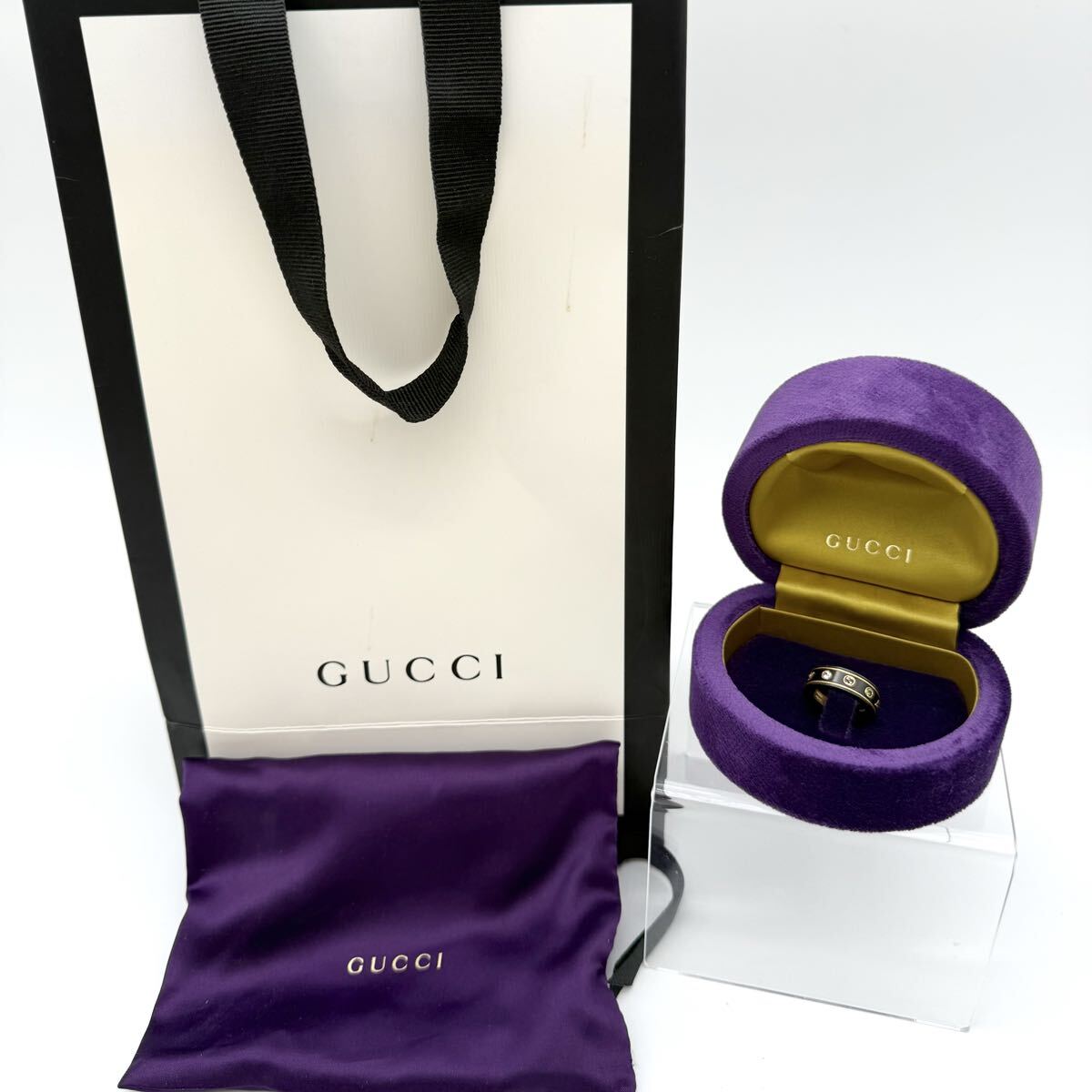 F GUCCI ジェムストーン付き アイコンリング グッチ Au750刻印 2.9g 12号 ブラックコランダム リング 指輪 箱付 ブランド小物 モノトク