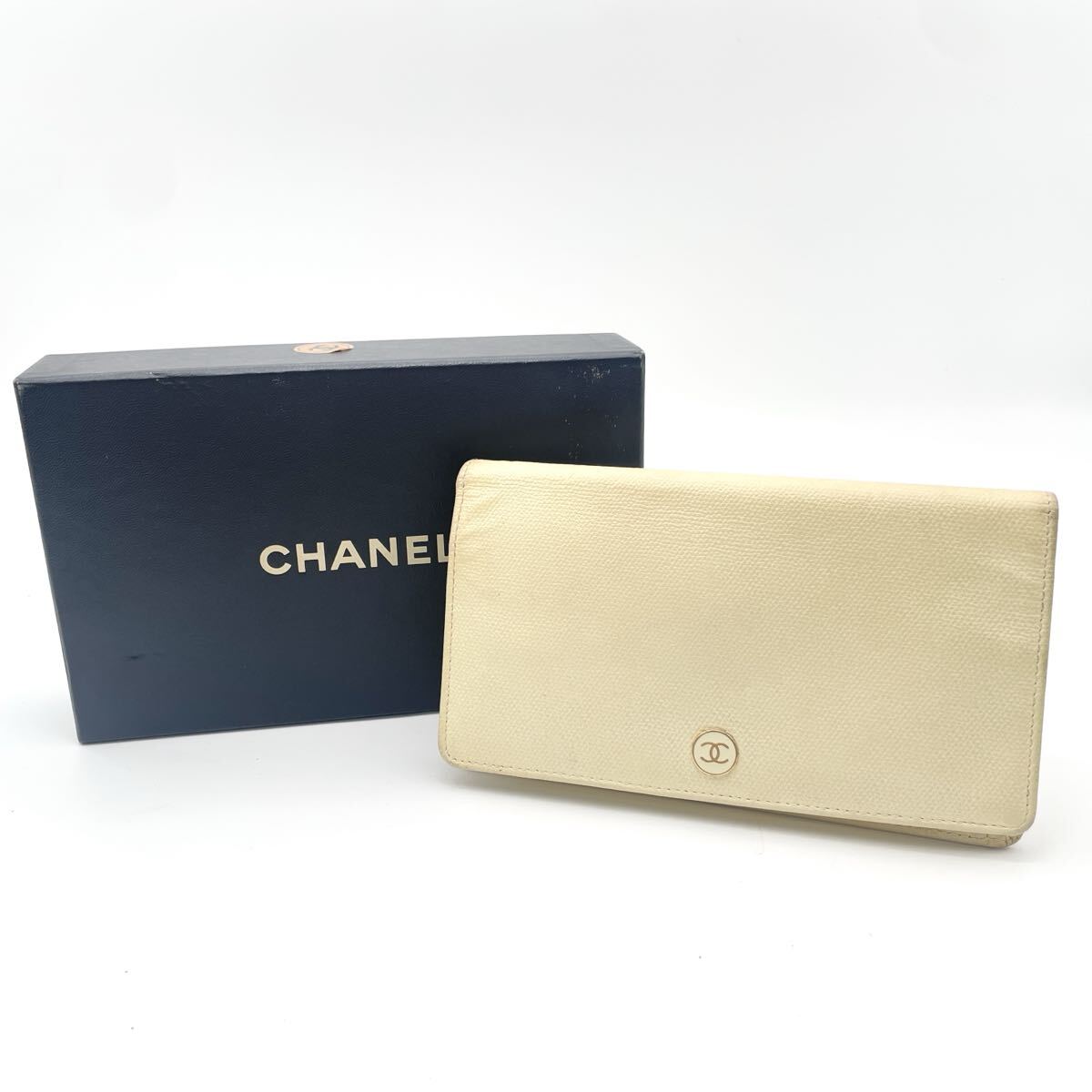 F CHANEL ココマーク 折財布 長財布 シャネル レザー ロングウォレット ベージュ アイボリー シャネルロゴ 箱付き ブランド小物 モノトク