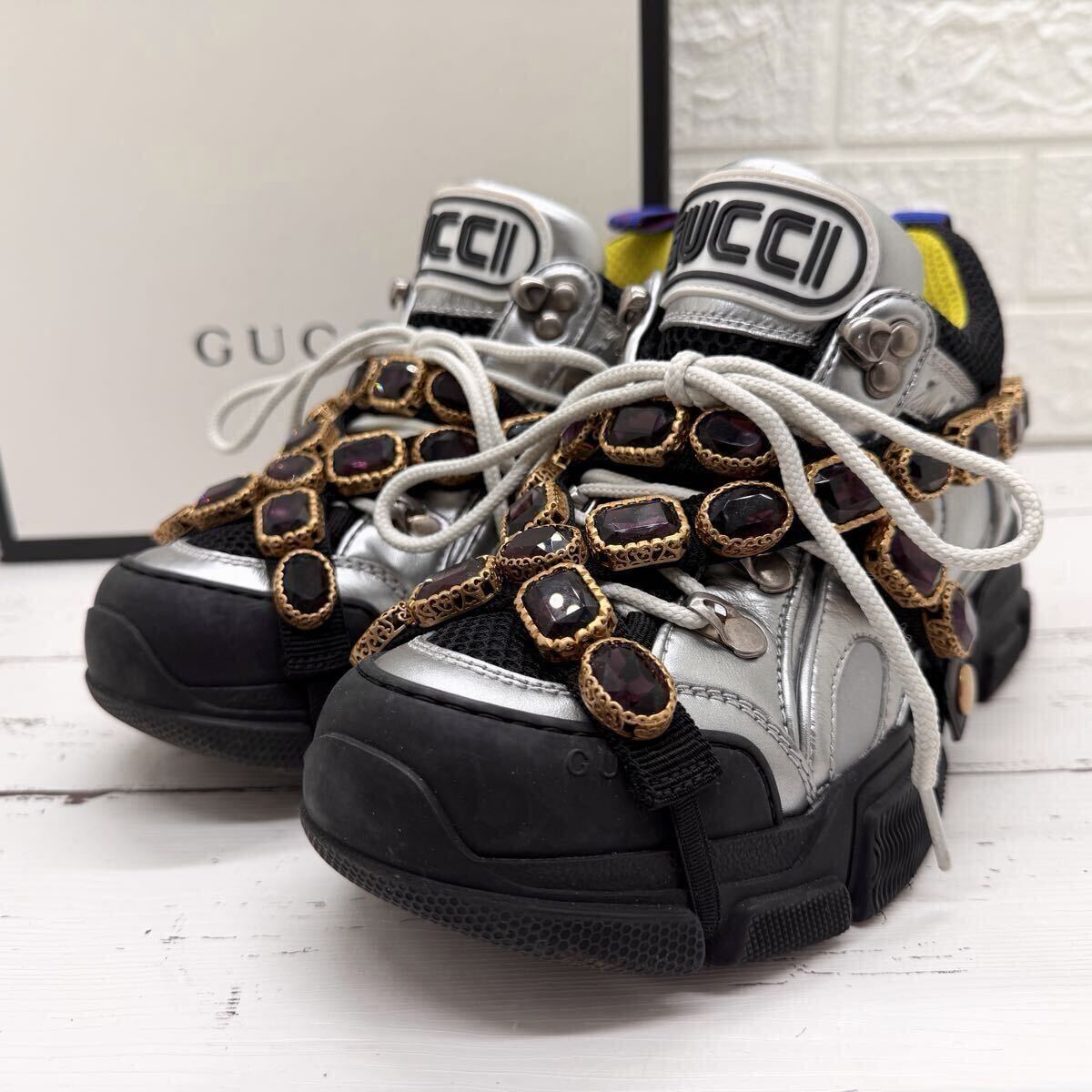 未使用級 GUCCI グッチ スニーカー ベルクロ フラッシュトレック クリスタル ビジュー チェーン シューズ 靴 レディース メッシュ レザー
