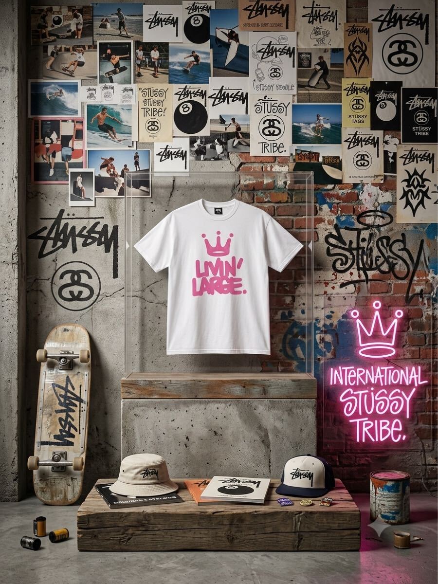 【超希少・XL】00s STUSSY × ERIC HAZE コラボ Tシャツ クラウン 王冠 LIVIN' LARGE ビンテージ メキシコ製 黒タグ ストリート バスキア