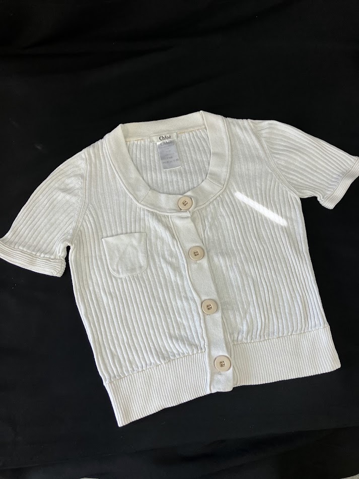 「Chloe」 短丈COTTON 60％LINEN 40％ 半袖リブニットボタンカーデ XS IVORY レディース★2469管理