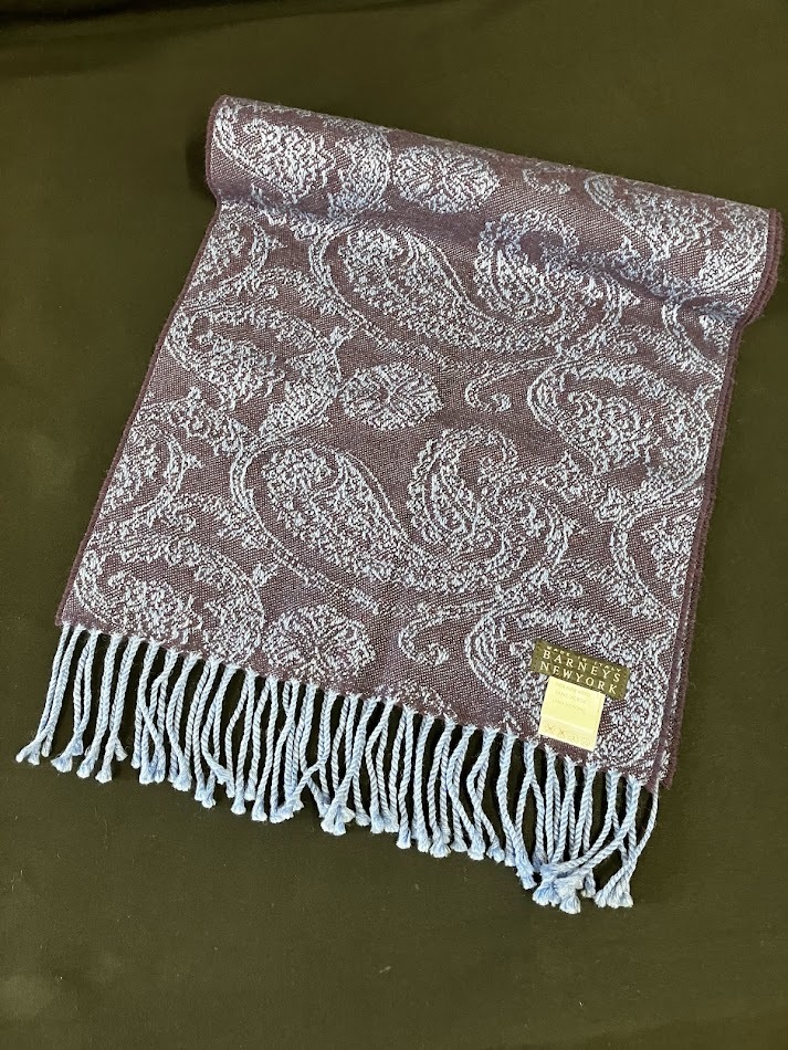 【美品】 BARNEYS NEW YORK バーニーズニューヨーク NEW WOOL 100％ペイズリー ストールマフラー ネイビー166cm ×35cm★2507管理