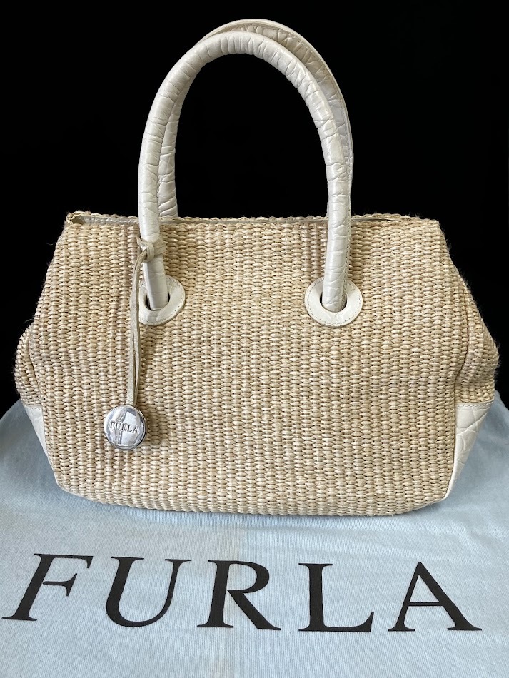 美品●FURLA フルラ●ストロー レザー バッグ　本革●かごバッグ　SS ★２６２９管理
