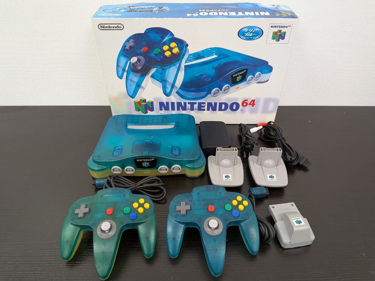 【動作確認済み】任天堂 NINTENDO 64 本体 クリアブルー 箱付き コントローラー2個 おまけ付き 