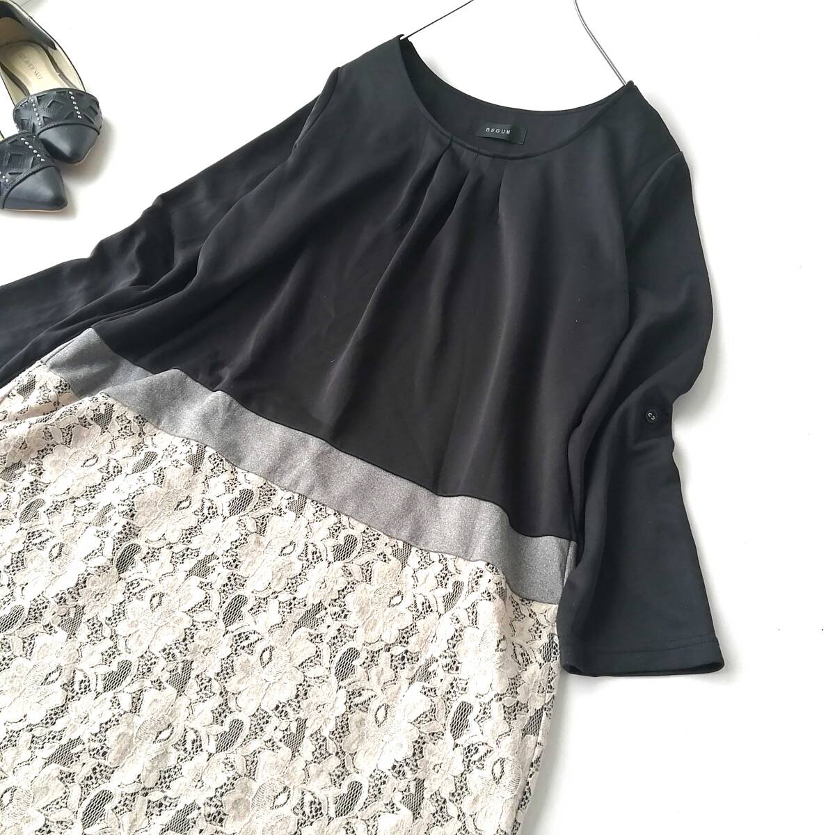 BEGUM レディース♪レース切替デザイン ひざ丈ワンピース 長袖 Lサイズ 260813nc【4点同梱で送料無料】