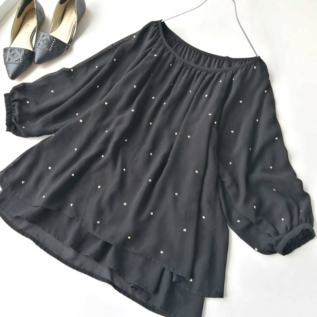 CLUDIA-BIT レディース♪七分袖チュニック ビジューデザイン♪Mサイズ 黒 260821nb【4点同梱で送料無料】