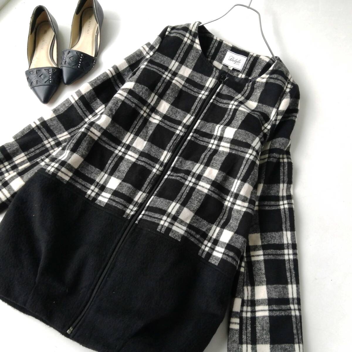 Delyle NOIR レディース♪ノーカラーコート バルーンライン チェック柄 切替デザイン 260825nc【4点同梱で送料無料】
