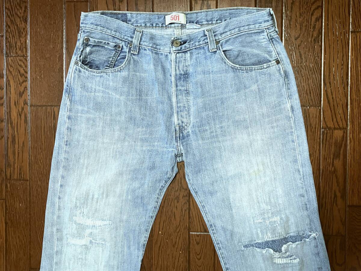 リーバイス Ｌｅｖｉ’ｓ ５０１ ｗ３６ ひげ落ち ダメージ リペア ブルー ジーンズ 縦落ち デニム パンツ ボタンフライ ジーパン