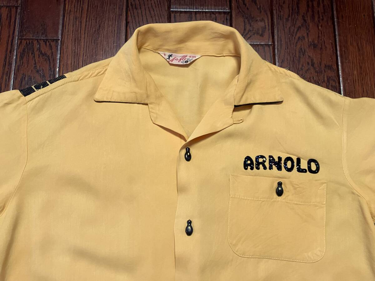 Air-Flo エアフロー ビンテージ ボーリングシャツ S イエロー 黄色 黒 ピンボタン フロッキー ３段プリント 検索 60s 60年代 ロカビリー