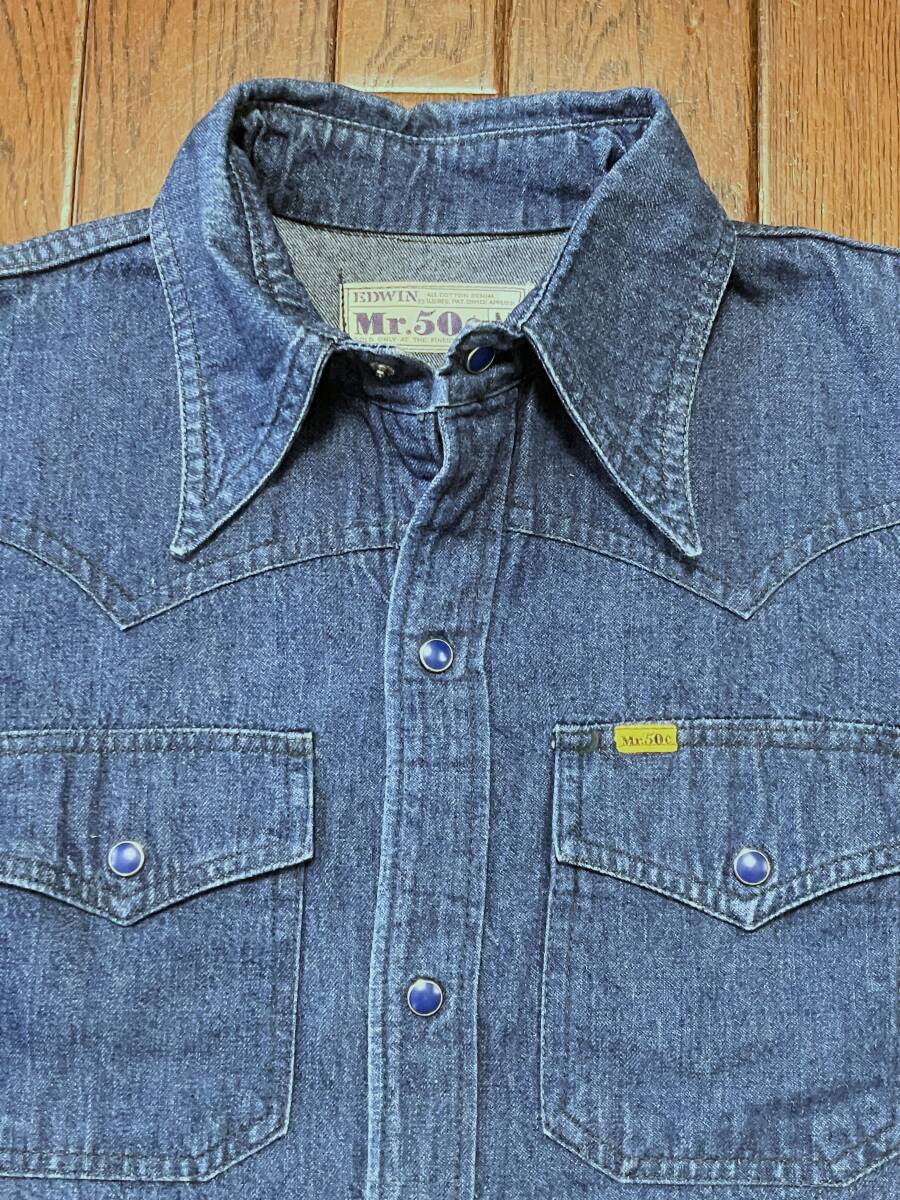 ビンテージ エドウィン EDWIN Mr.50￠ 耳付き デニムシャツ M セルビッチ ウエスタン カウボーイ 検索 70s 70年代 インディゴ