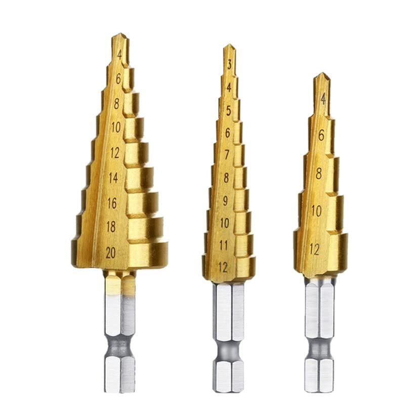 HSS鋼 チタンコーティング ステップドリル 3本セット 六角軸 スパイラル形状 穴あけ 穴拡大 3-12mm/4-12mm/4-