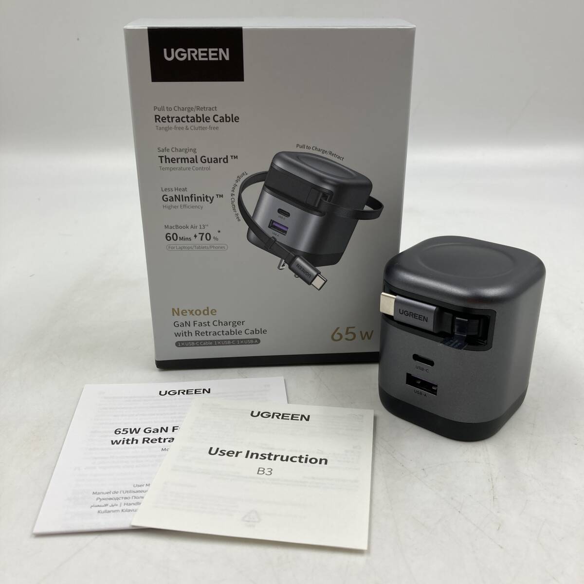 【通電確認済】UGREEN 65W 巻き取り式充電器 急速充電器 USB-C 78cm 伸縮式 ケーブル 8階段調整可能 3ポート PSE適合/Y42637-S2
