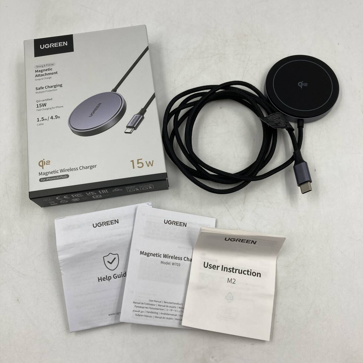 【通電確認済】UGREEN MagFlow Qi2 15W MagSafe充電器 マグセーフ ワイヤレス充電器 超強力磁気 置くだけ充電/Y42855-E2