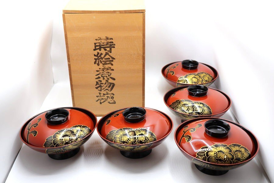 蒔絵煮物椀　五客　輪島漆器/漆芸　共箱付　5客　金彩　汁物碗/汁椀/和食器/懐石料理　