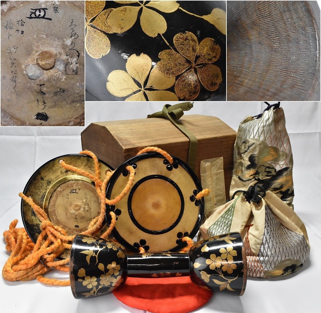 小鼓 梨地 桜蒔絵 段鉋目彫 古皮(革)在銘 花押入 江戸時代 小鼓箱 時代和楽器 雅楽神楽能楽　　