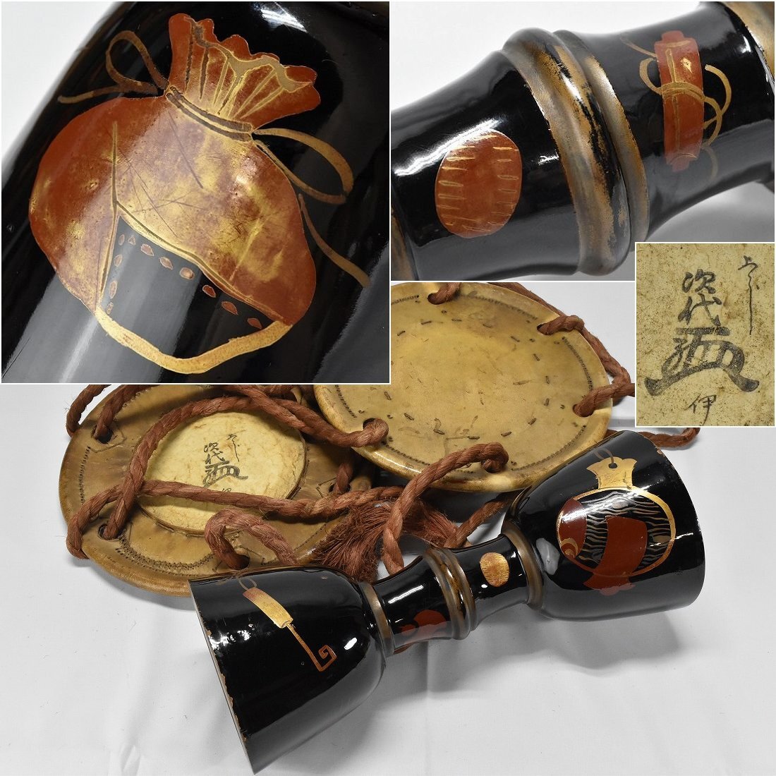 大鼓 大皮 小槌宝袋蒔絵 皮(革)(在銘)時代和楽器 雅楽神楽能楽　　
