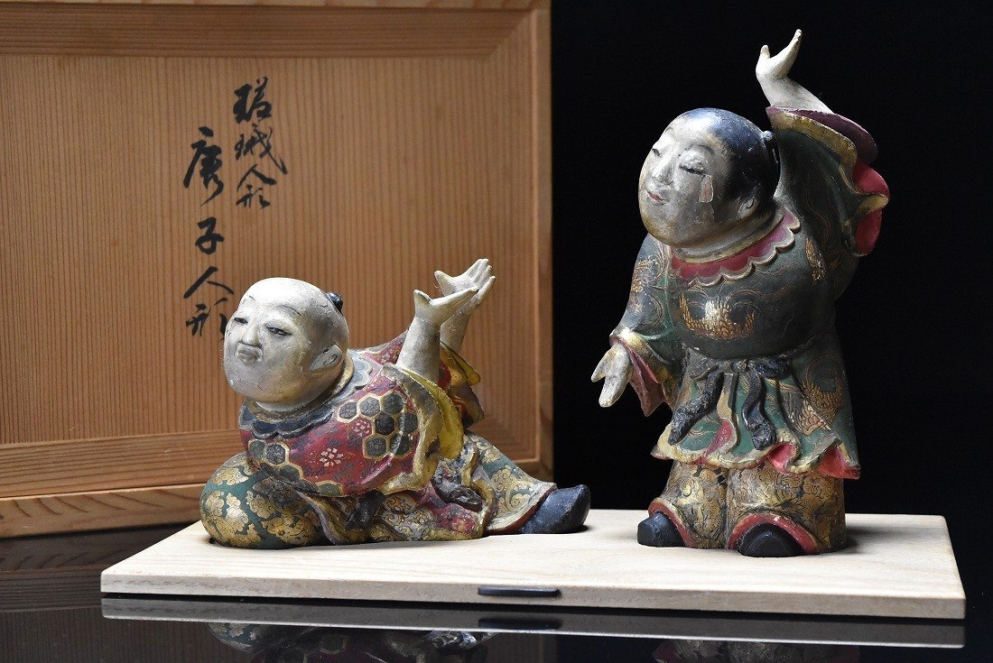 江戸時代 嵯峨人形 彩色 唐子 一対 置物 共箱 日本美術　　　　　　　　　検索語句)雛人形丸平市松人形雛道具