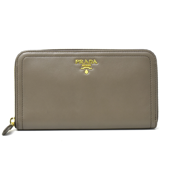 プラダ 財布 レディース 長財布 ラウンドファスナー カーフレザー グレーブラウン PRADA 1M0506 中古