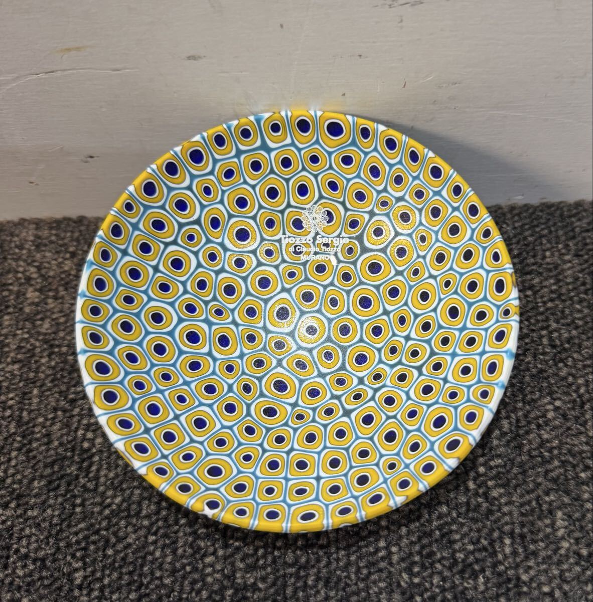 未使用 Tiozzo Sergio MURANO ムラーノガラス ミルフィオリ 小皿 プレート 約11cm イエロー 長期保管品