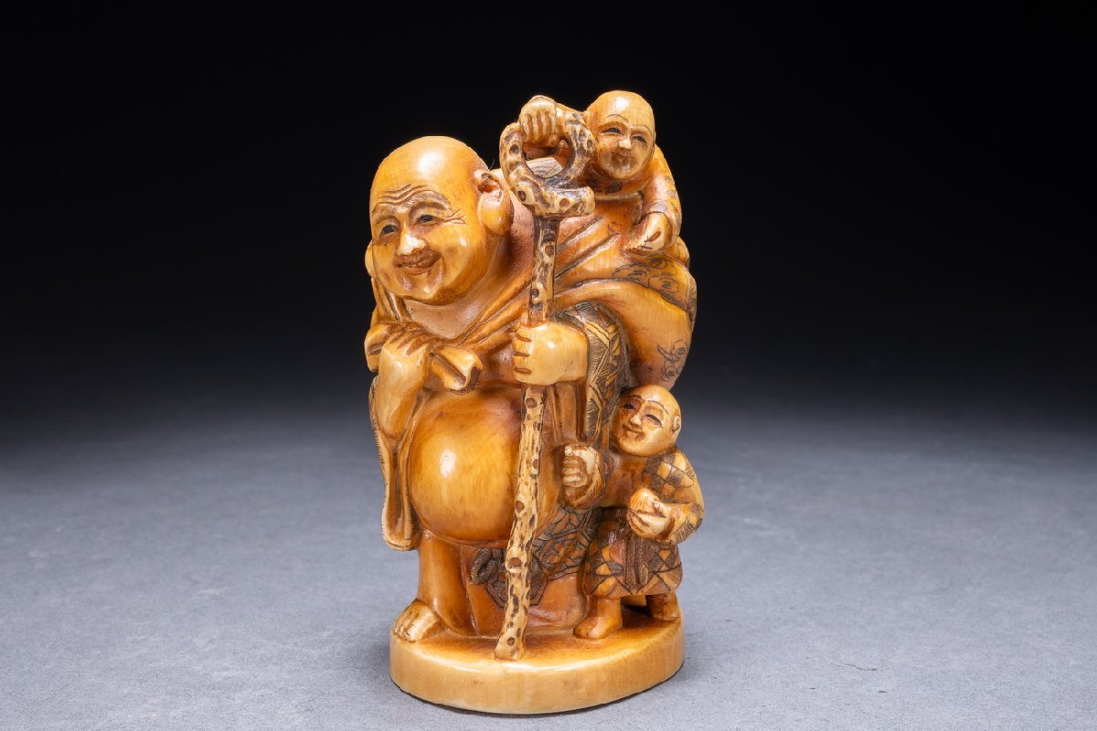【雲錦】時代 鯨/角彫刻 布袋様 唐子 像 七福神 置物 オブジェ 飾物 縁起物 骨董 骨董品 古美術OKK-144