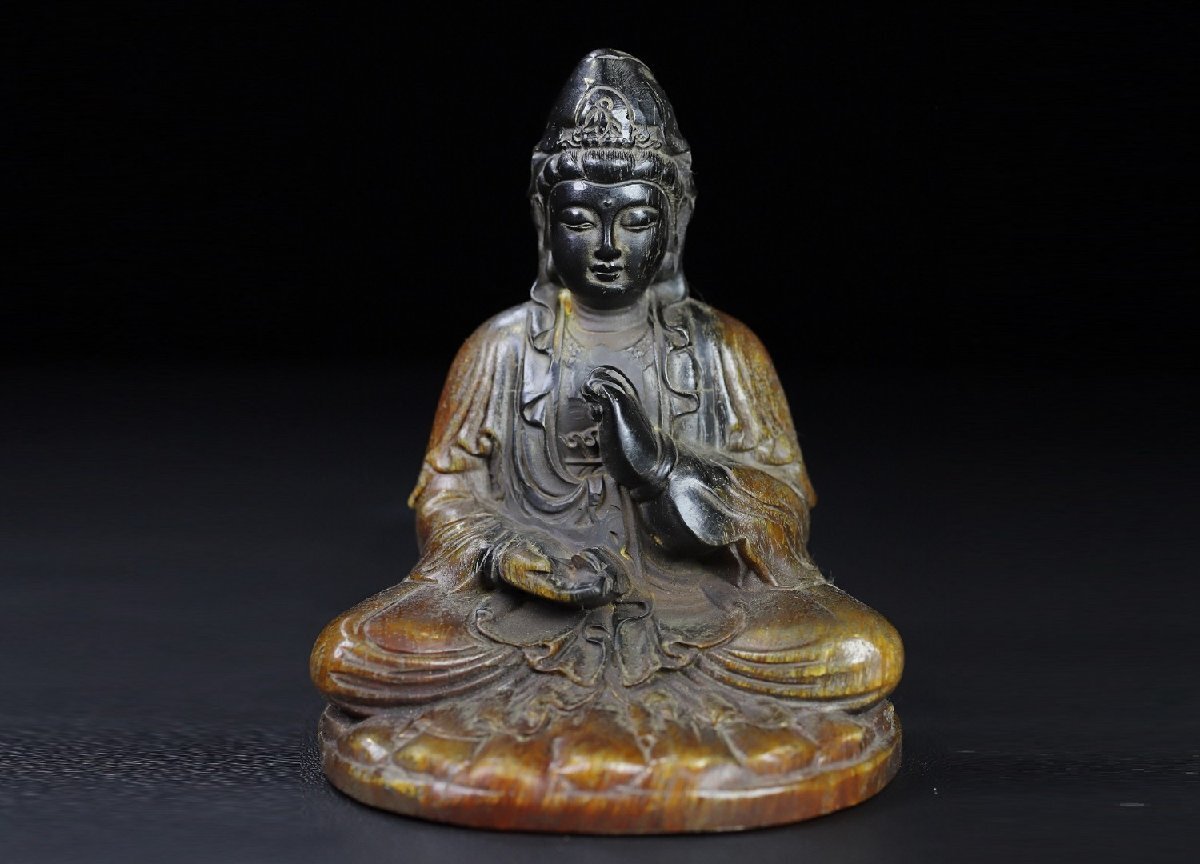 【雲錦】角彫刻 観音菩薩坐像 観音像 仏像 置物 彫刻 骨董品 古美術品 唐物 乾隆年製 銘0725-YS3