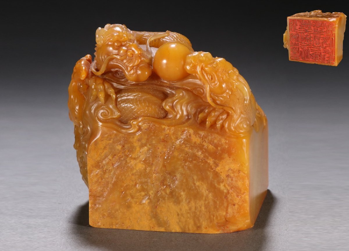 【雲錦】名家款 田黄石 龍鳳戯珠鈕 印章 印材 篆刻 彫刻 置物 骨董品 古美術品 唐物 中国美術0725-AM14