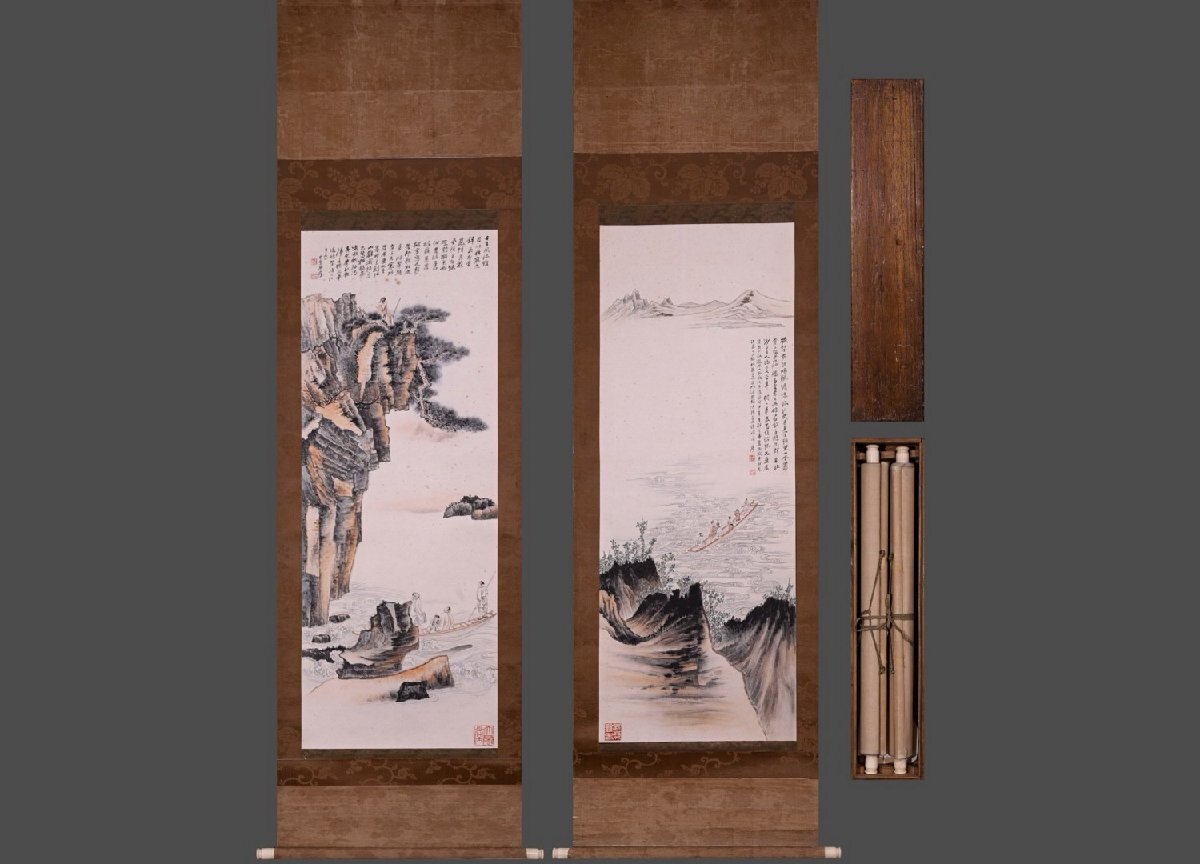 【雲錦】中国古美術 張大千作 山水図 双条屏 40×110cm×2 掛軸 共箱 骨董品 古美術品 美品0725-XW　