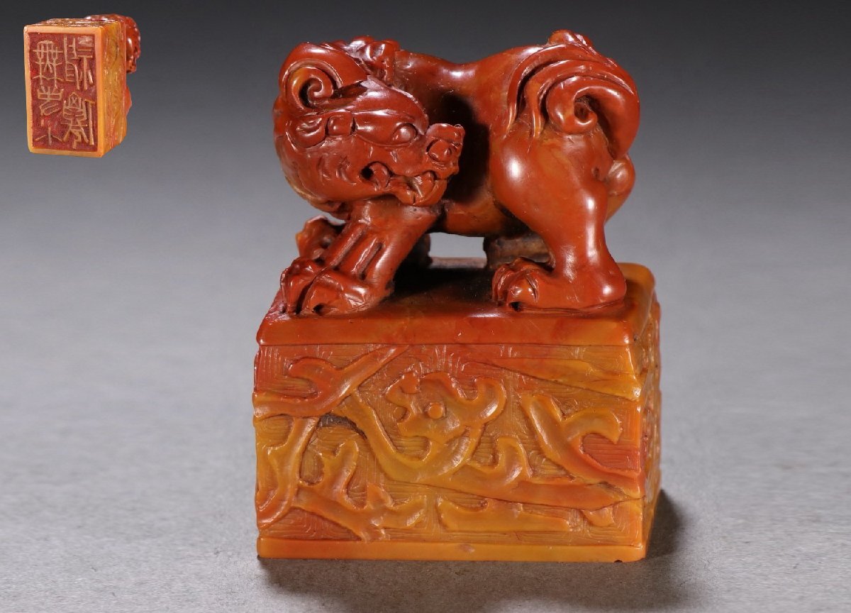 【雲錦】清代 寿山石 瑞獣鈕 印章 141g 篆刻 印材 時代物 唐物 中国美術 骨董品 古美術品 美品0725-AM4