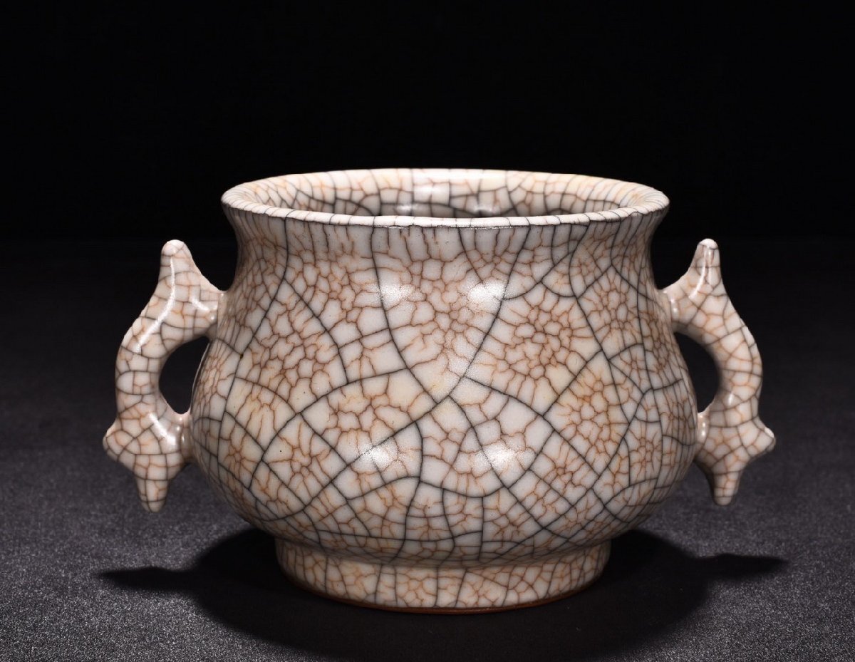 【雲錦】宋哥窯 耳炉 香炉 貫入 陶磁器 時代物 時代感 擺件 唐物 中国美術 骨董品 古美術品0725-HP3