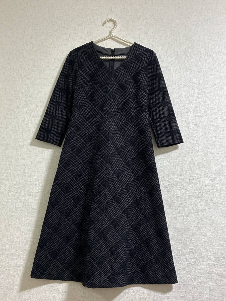 ANAYI☆フロッキーチェックのベルト付きの上品な七分袖の素敵なワンピース☆美品