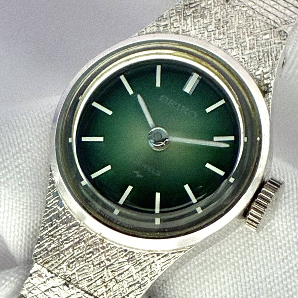 【稼働】 セイコー SEIKO ウォッチ 11-0710 17石 ヴィンテージ 手巻き グリーン文字盤 腕時計 メタルバンド