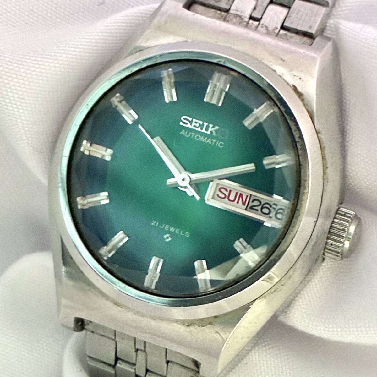 【稼働】セイコーSEIKO AT/自動巻 2706-0340 グリーン文字盤 デイデイト 21石 カットガラス ラウンド レディース腕時計