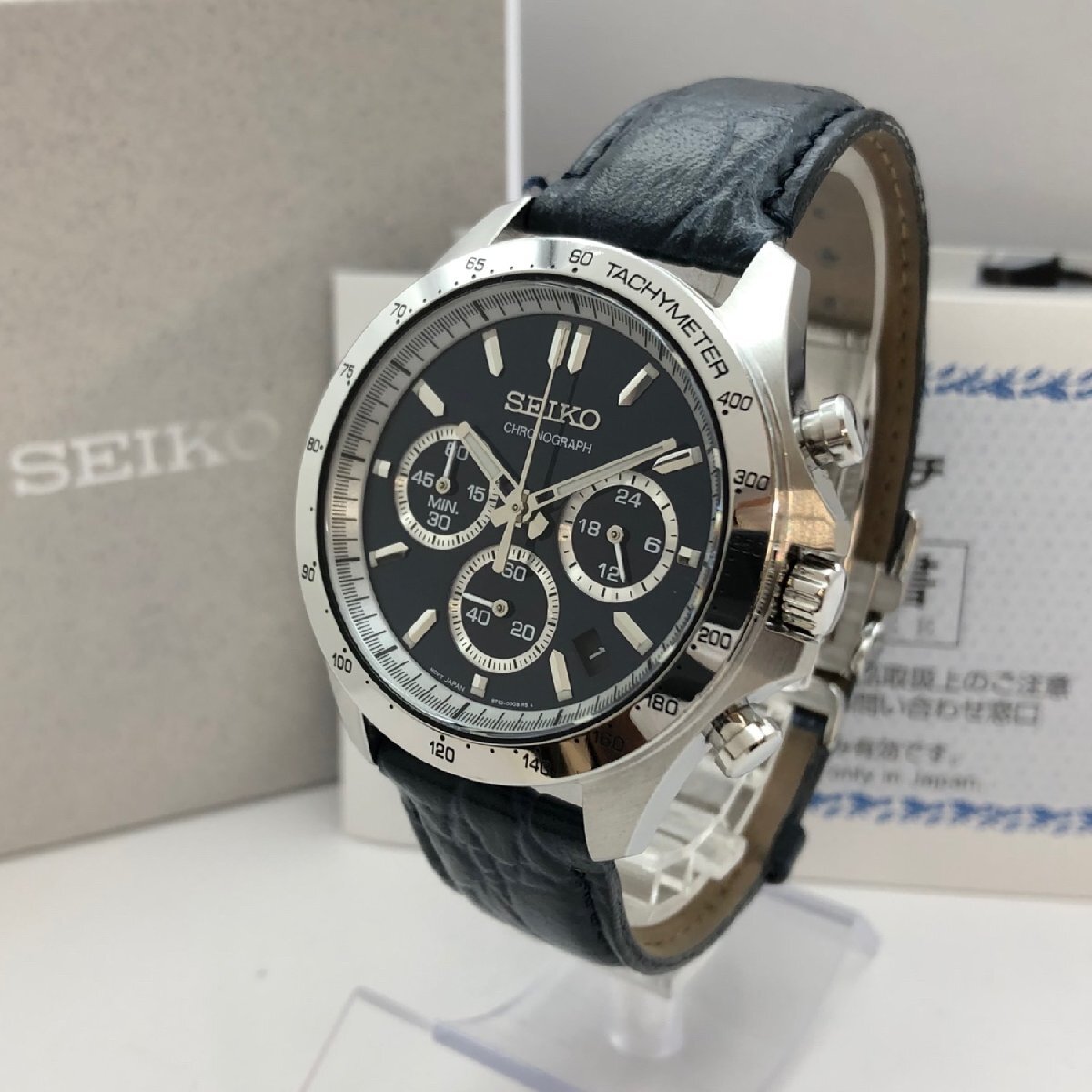 1円～/SEIKO/セイコー/クロノグラフ/8T63-00D0/デイト/ネイビー文字盤/純正ベルト/箱・付属品付/クォーツ/腕時計/稼動品/ジャンク/S022