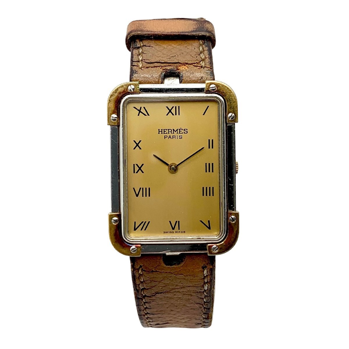 1円スタート！ HERMES エルメス 時計 腕時計 ゴールドカラー スクエア文字盤 クオーツ 不動 ジャンク品 コンパクトサイズ 蘇や(HY1439)