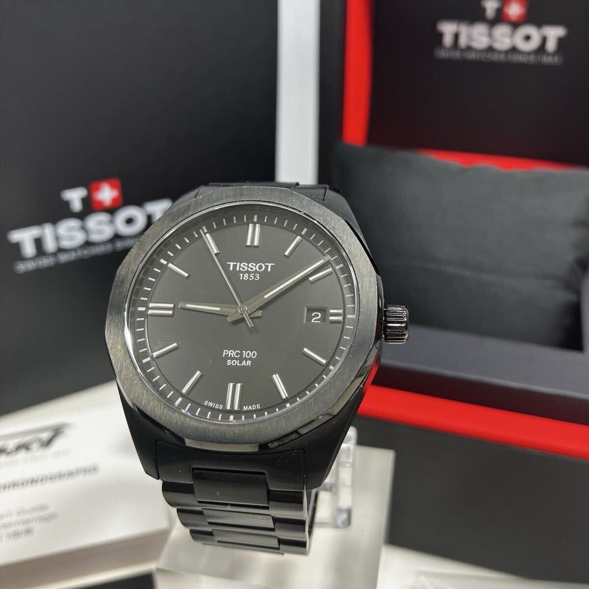 【美品 完品】TISSOT ティソ PRC100 T151.422.33.051.00 デイト ソーラー クオーツ オールブラック 稼働品 腕時計