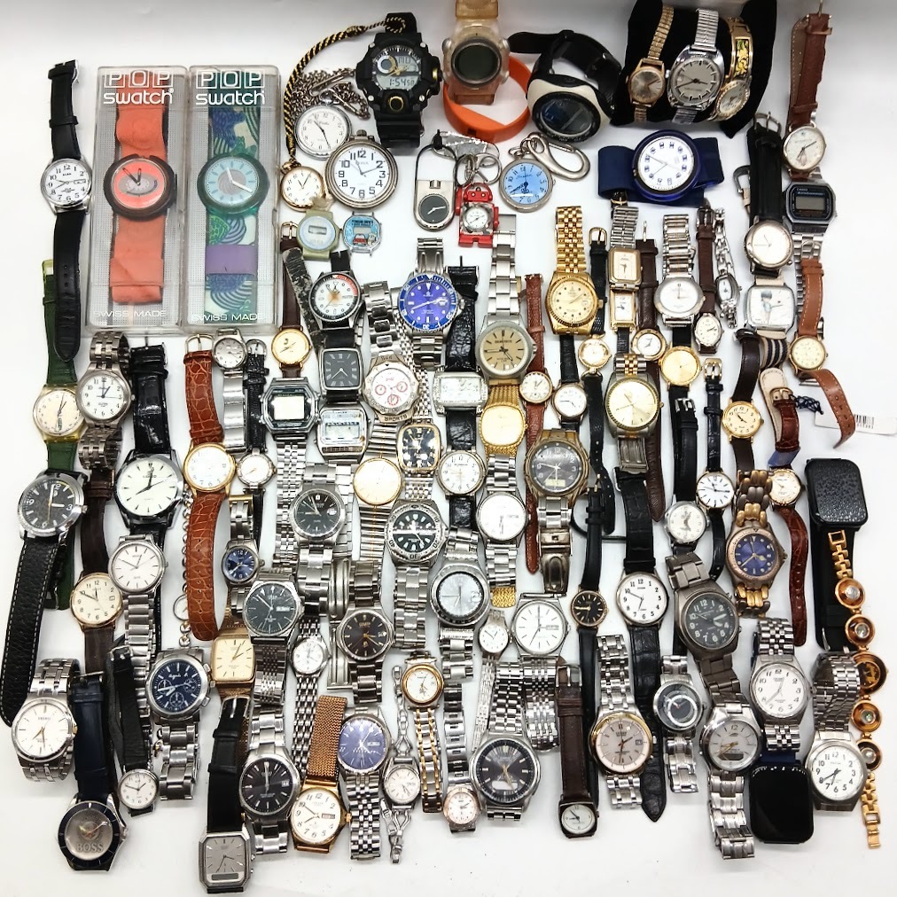 【AF-23】ジャンク時計100品おまとめ　SEIKO　CITIZEN　CASIO　GUESS　Burberrys　agnes b.　Swatch　RICOH含む　メンズ/レディース腕時計