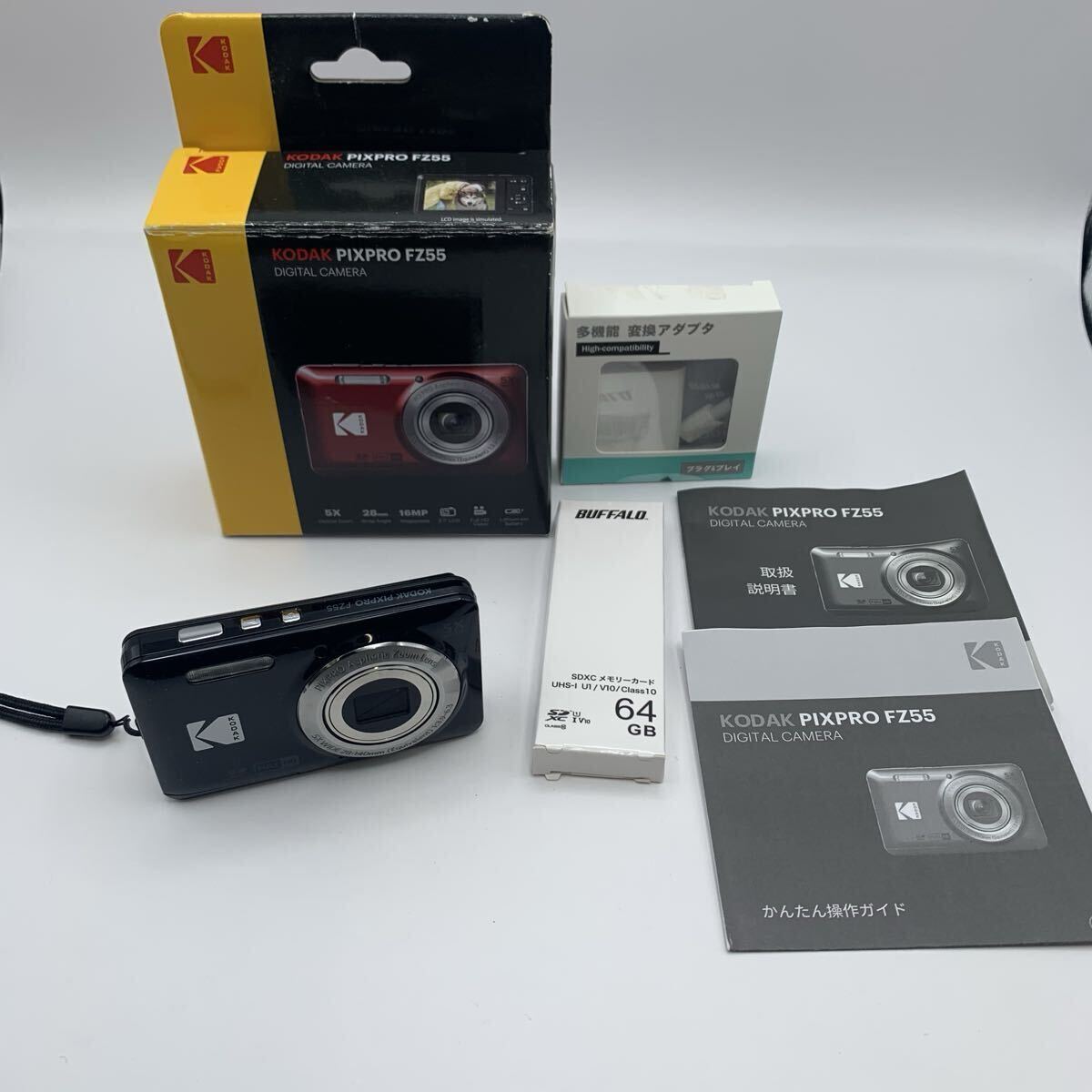 zc13 KODAK PIXPRO FZ55 ブラック コダック デジタルカメラ コンデジ 外箱 取説 BUFFALO 64GB SDカード 変換アダプタ 現状品 動作未確認