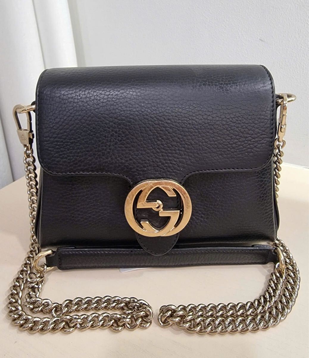 K33 [1円から] GUCCI グッチ インターロッキング チェーンショルダーバッグGG ショルダーバッグ、ブラック、本革