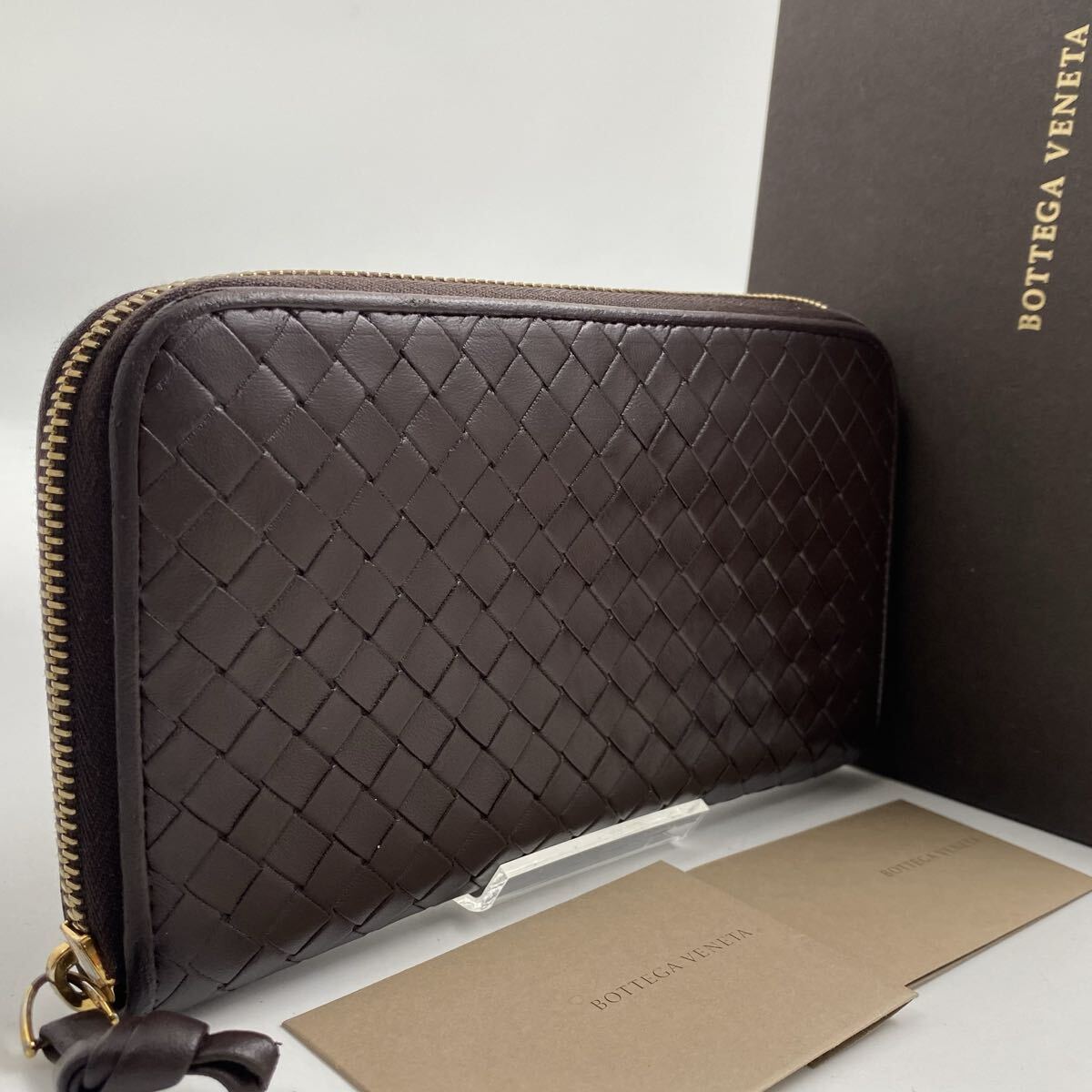【ほぼ極美品】箱付き！　BOTTEGA VENETA　ボッテガヴェネタ　長財布　イントレチャート　レザーラウンドファスナー　ブラウン　466