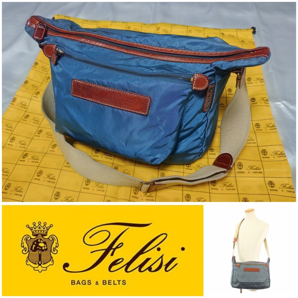 【定価￥77,000】使用少保管品　Felisi フェリージ made in Italy ショルダーバッグ No.9362 (レザー＋ナイロン) ブルーグレー光沢色