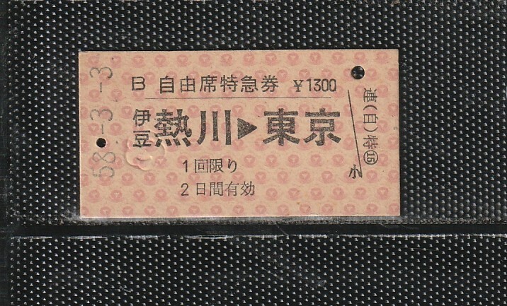 伊豆急行 伊豆熱川→東京 A型 赤地紋 国鉄連絡 硬券自由席特急券 パンチなし券 
