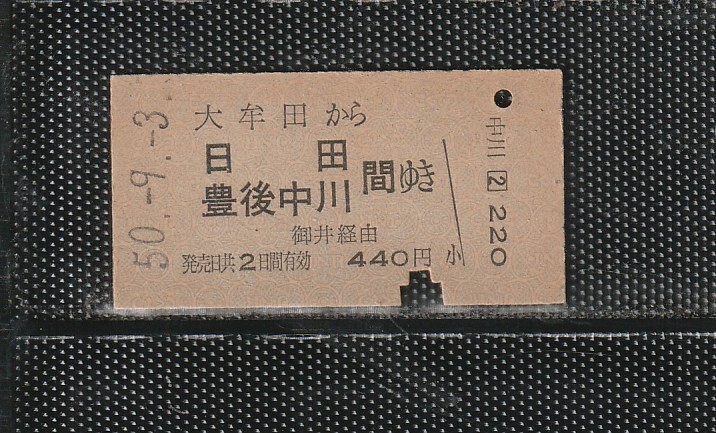 国鉄門司印刷 大牟田から日田・豊後中川ゆき A型 青地紋 硬券乗車券 下パンチ券 