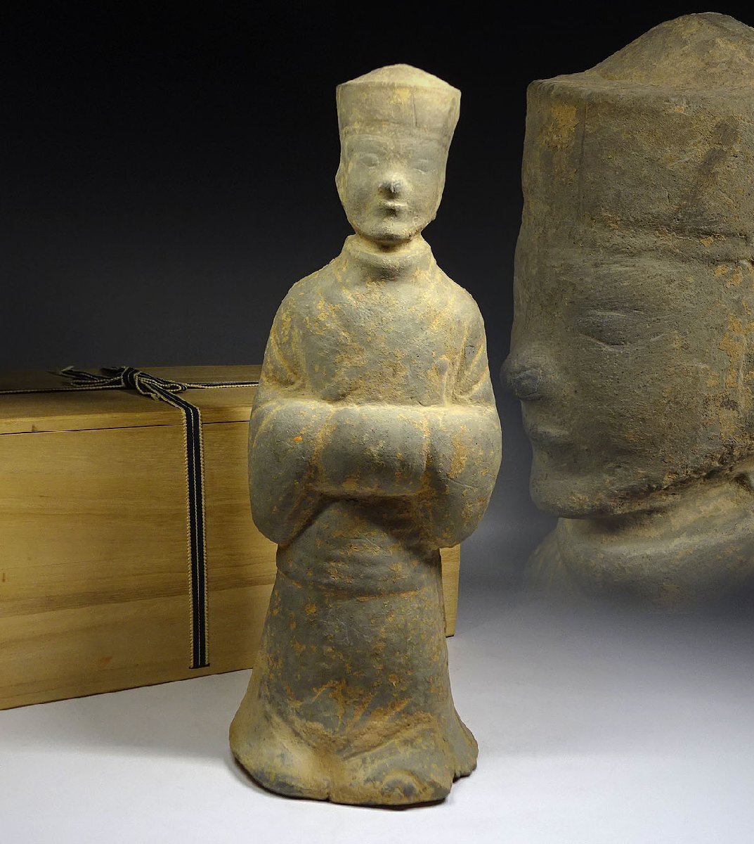 緑屋k■ 中国古玩　加彩　人物俑　木箱　高約40cm　時代物　i9/6-6721/12-3#100