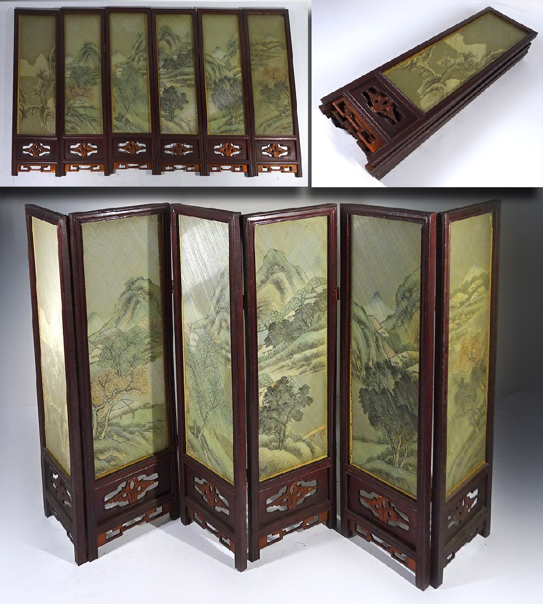 緑屋s■ 中国古玩　硝子絵　硯屏 屏風　山水図　高約51cn　書道具 唐物 時代物　i9/6-6635/11-4#100