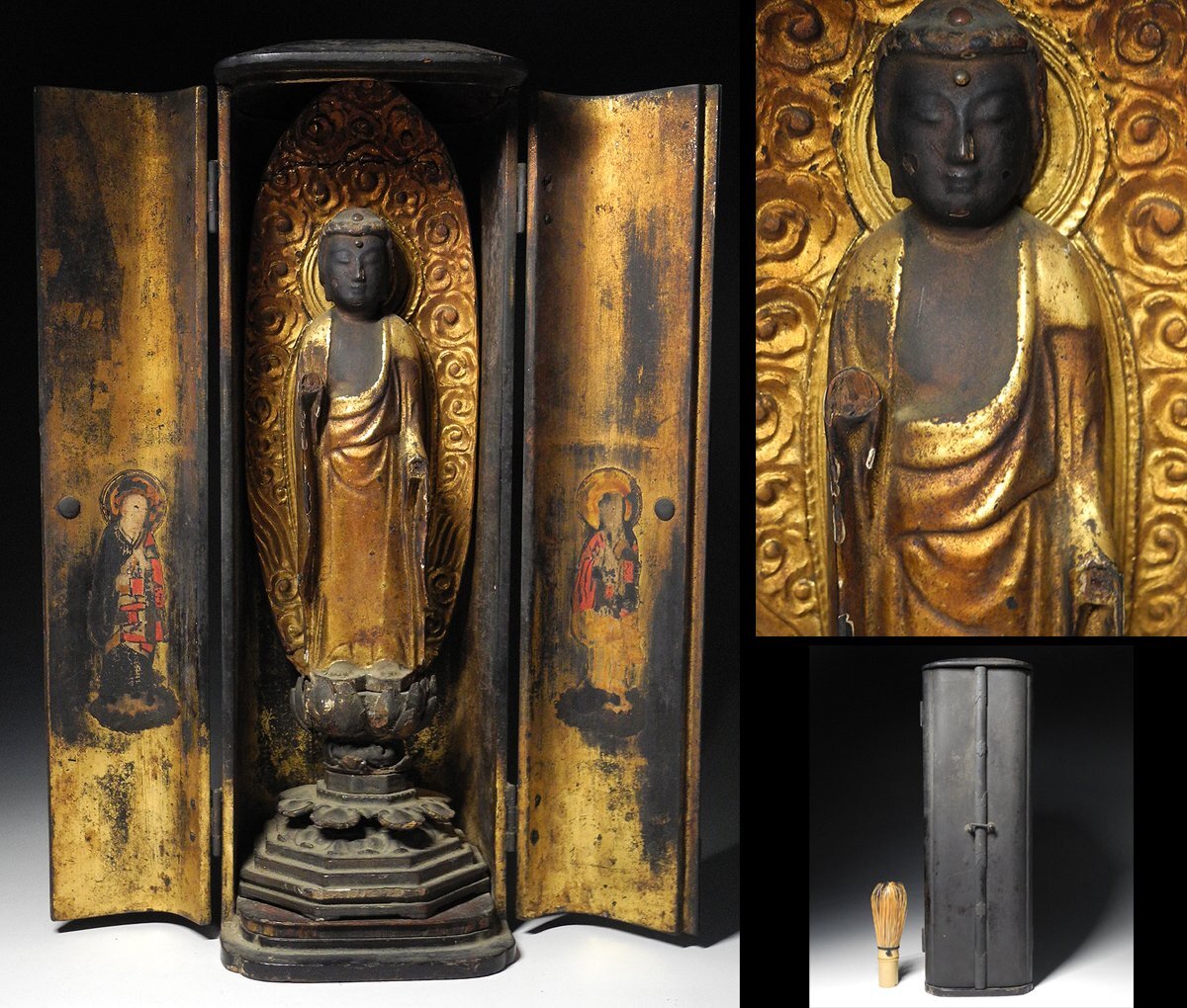 緑屋i■ 仏教美術　古木彫 金彩色　阿弥陀如来像 仏像　厨子付　時代物　i9/0804-4/5-3#80
